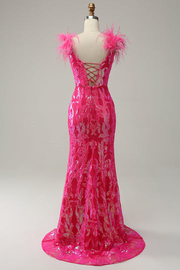Sirena Fucsia Lentejulas Vestido de Graduación Con Plumas